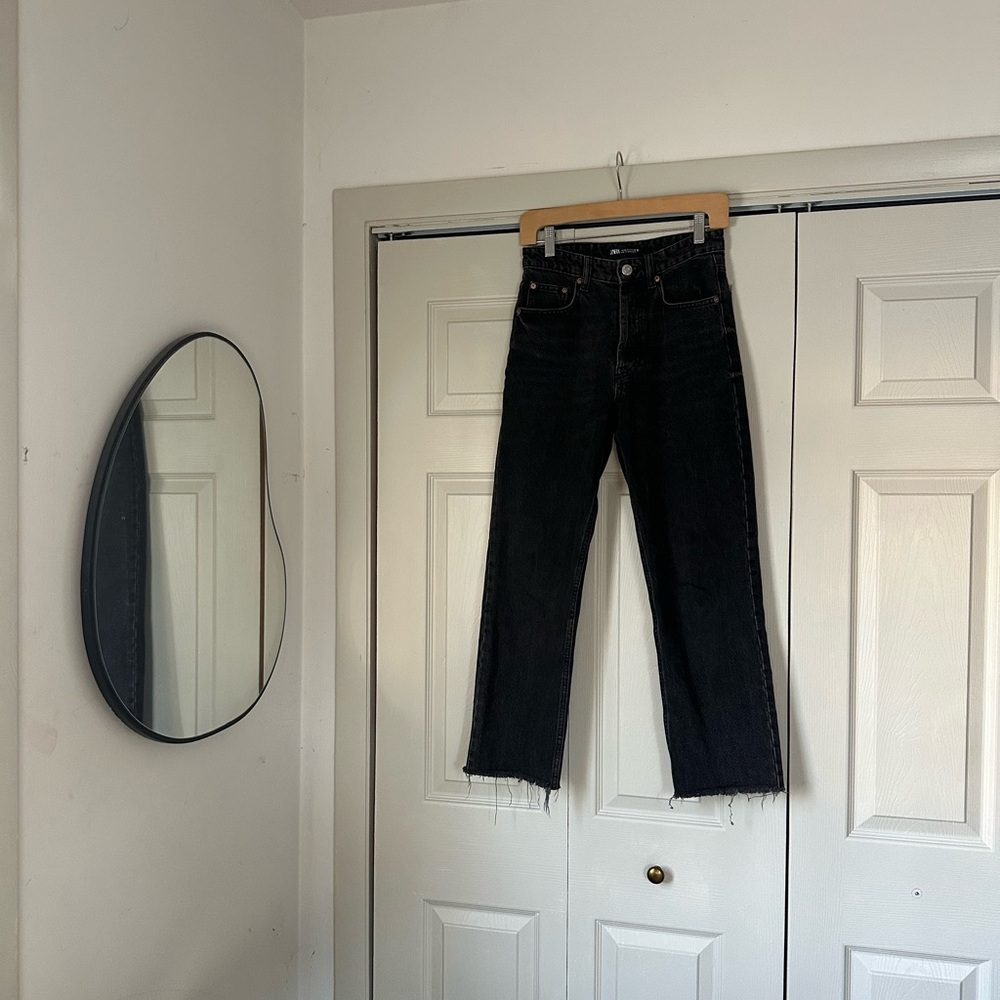 Zara High Rise Straight Raw Hem Jeans